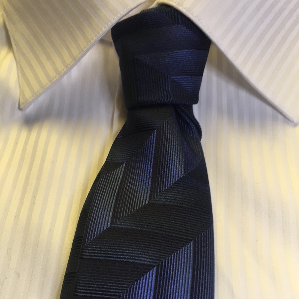 Haight & Ashbury blue/black multi-stripe diagonal striped narrow tie. 100% silk